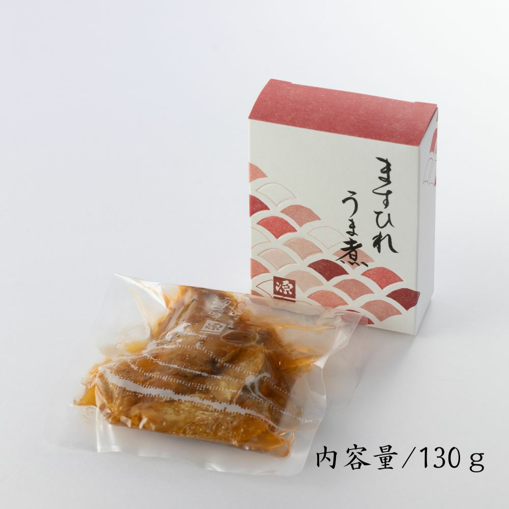 ますひれうま煮のパッケージと真空袋に入った様子が分かる、内容量と記載した画像です。