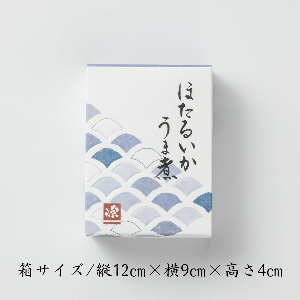 ほたるいかのうま煮のパッケージ画像です。箱サイズが記載されています。