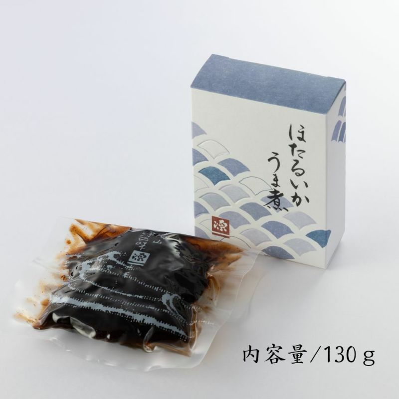 ほたるいかのうま煮のパッケージと真空袋に入った様子が分かる、内容量と記載した画像です。