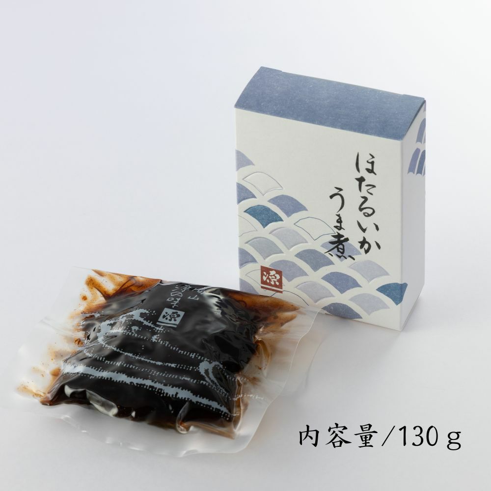 ほたるいかのうま煮のパッケージと真空袋に入った様子が分かる、内容量と記載した画像です。