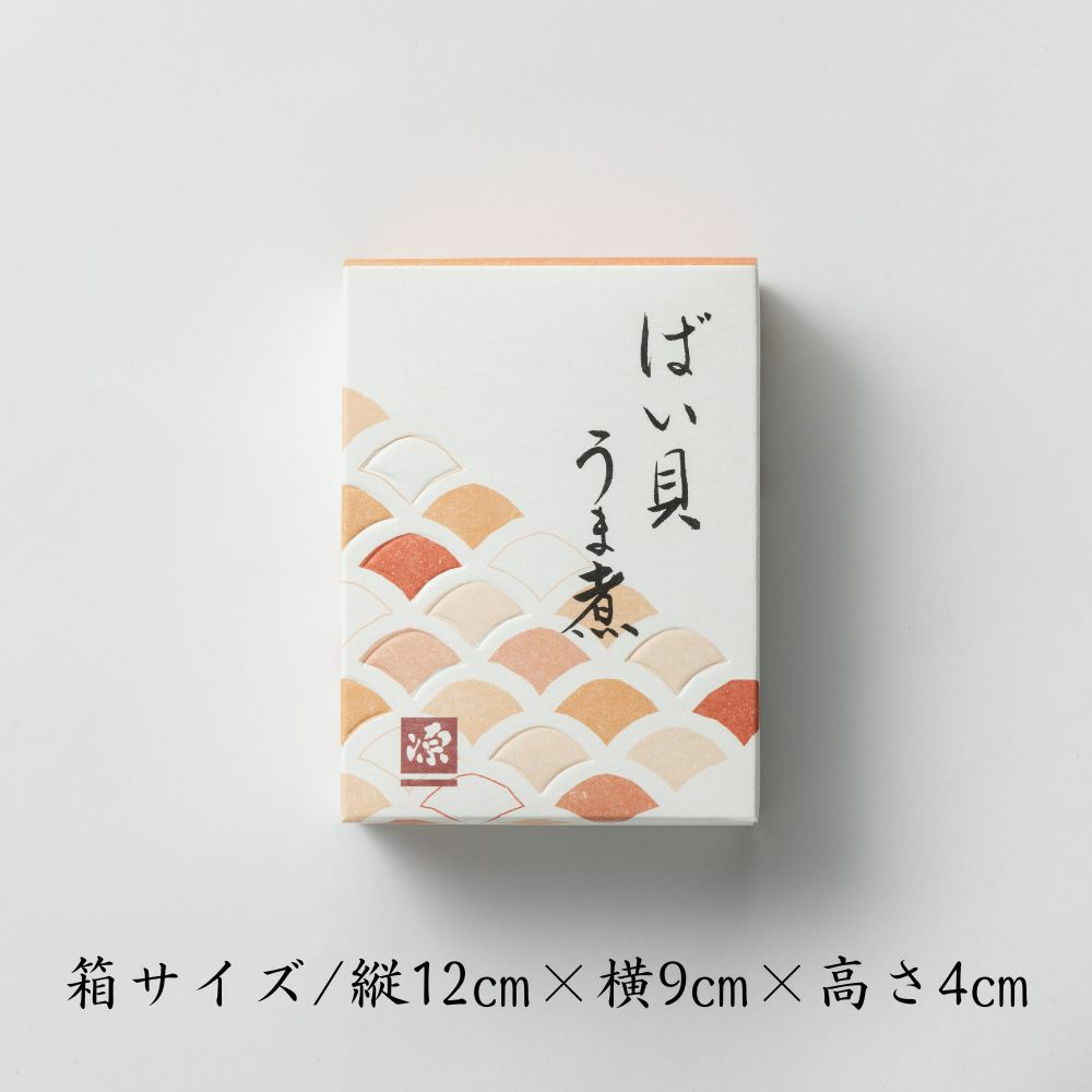 ばい貝のうま煮のパッケージ画像です。箱サイズが記載されています。