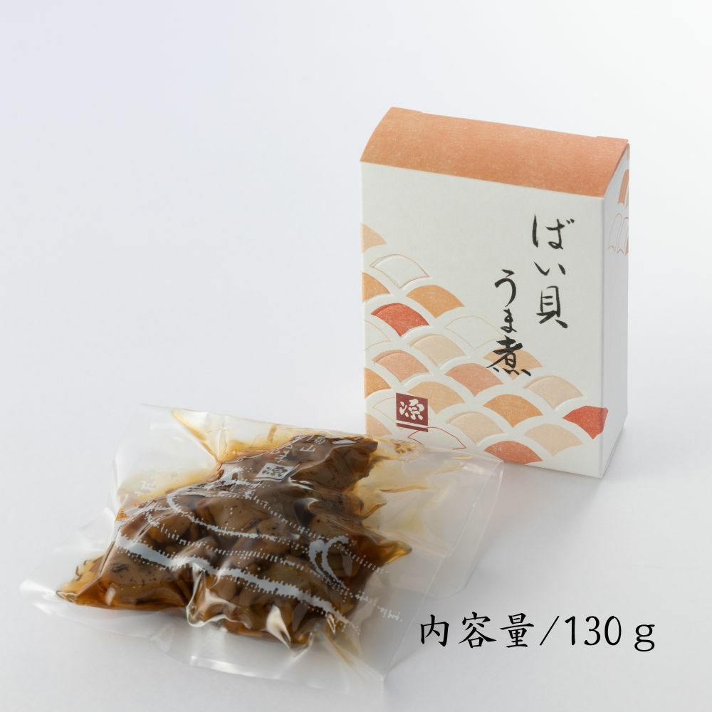 ばい貝のうま煮のパッケージと真空袋に入った様子が分かる、内容量と記載した画像です。