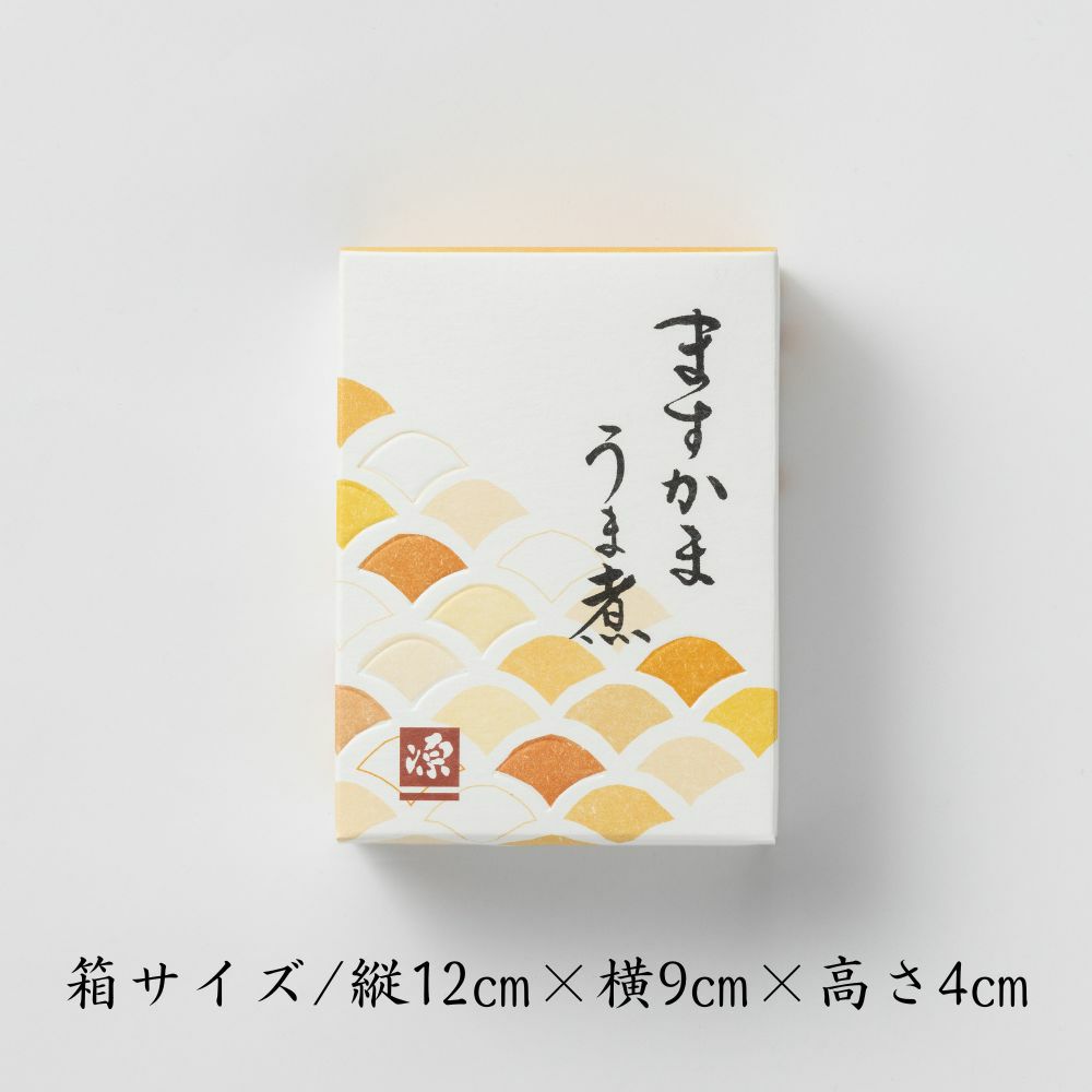 ますかまうま煮のパッケージ画像です。箱サイズが記載されています。
