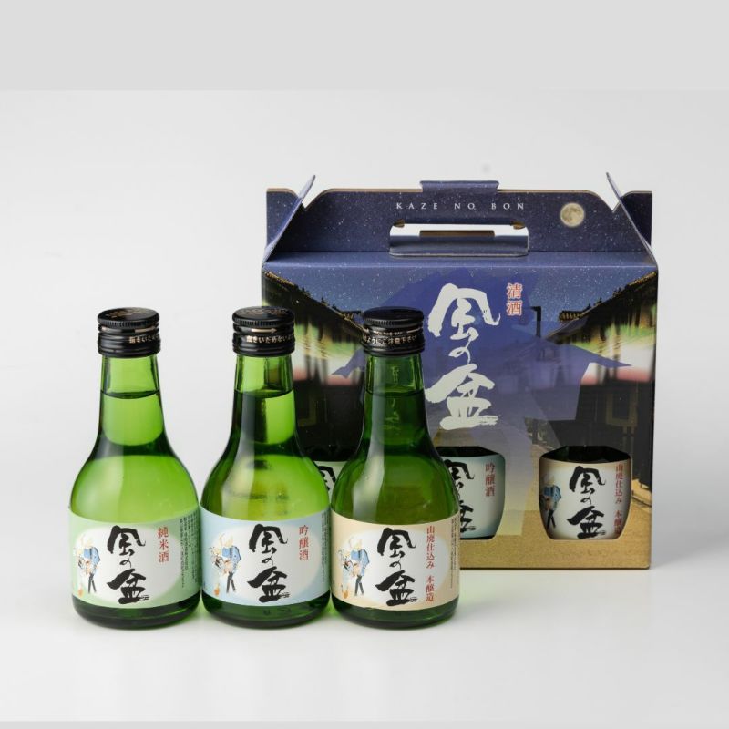 富山県八尾市の福鶴酒造が作るお酒「風の盆」の瓶ラベル&化粧箱パッケージの画像。