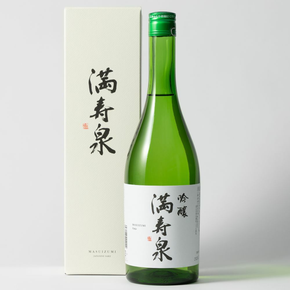 桝田酒造の「満寿泉 吟醸 720ml」の商品と化粧箱の画像です。