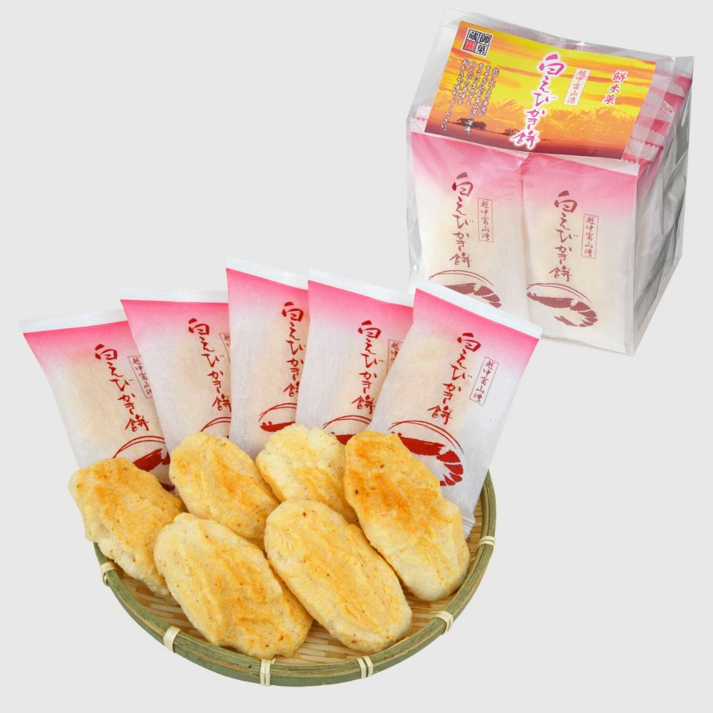 白えびかき餅　14袋入のパッケージ&皿盛り画像です。