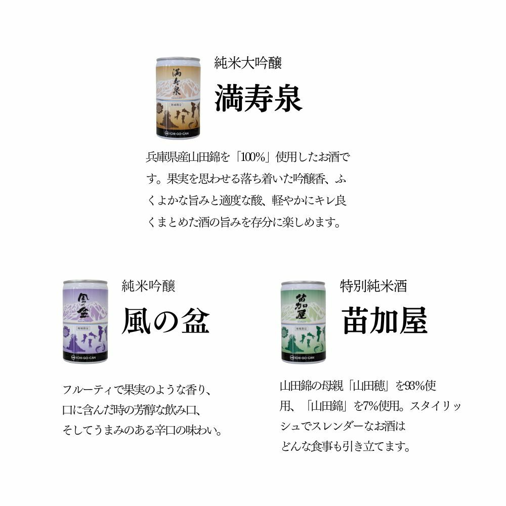 セット内容品「満寿泉・風の盆・苗加屋」のそれぞれの特色を記載しています。